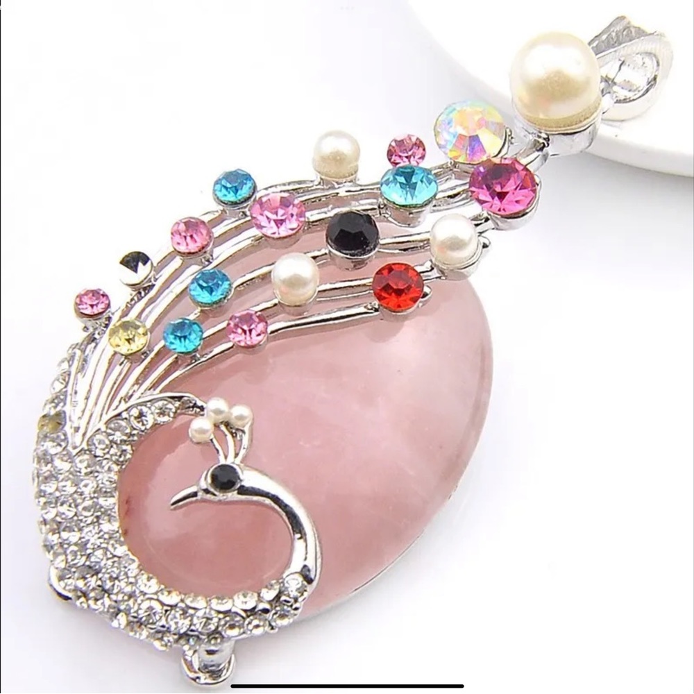Peacock Design Multi-color Huge Natural Rose Quartz Gems Silver Necklace Pendant